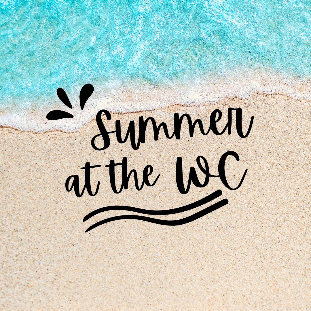 Summer at the WC on a beach background with a wave